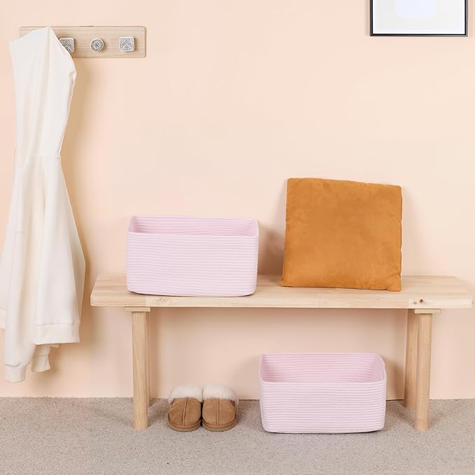 Large Storage Baskets for Organizing, Closet Shelf Baskets for Clothes Blanket Towels, Baby Nursery, Toy Bins Box, Woven Rope Baskets, 17 x 13 x 7.5”, 4 Packs Light Pink