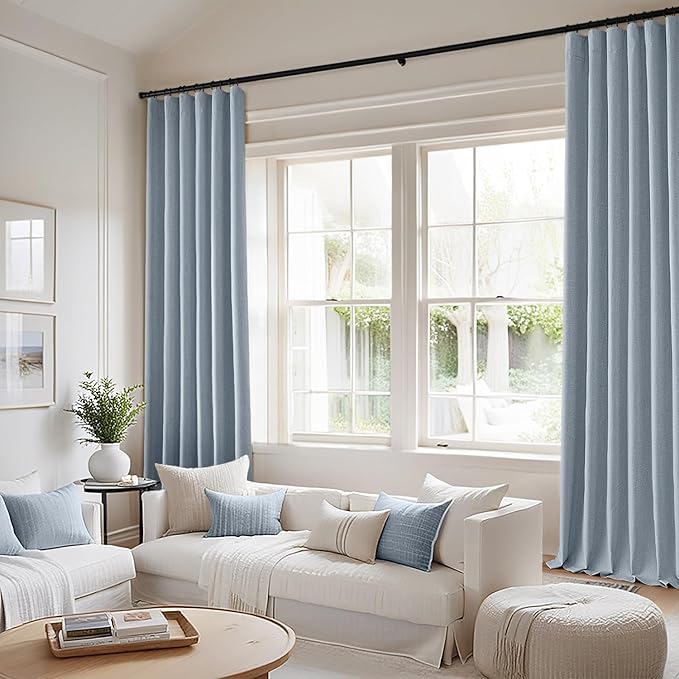 MIULEE 100% Blackout Curtains 90 Inch Long 2 Panels Set for Bedroom, Thick Faux Linen Black Out Curtain Room Darkening Back Tab Pleat Window Textured Drapes with Hooks for Living Room, Chambray Blue
