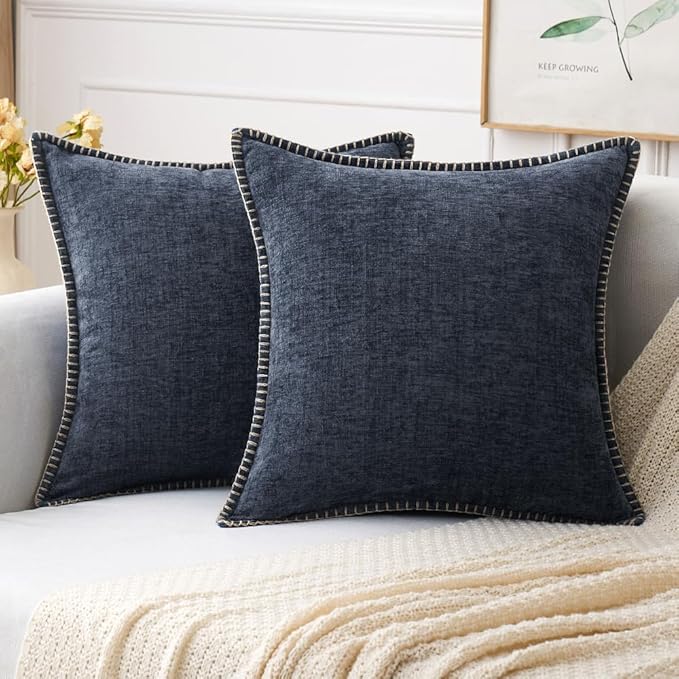 MIULEE Pack of 2 Couch Throw Pillow Covers 16x16 Inch Dark Blue Farmhouse Decorative Pillow Covers with Stitched Edge Soft Chenille Solid Dyed Spring Pillow Covers for Sofa Bed Living Room