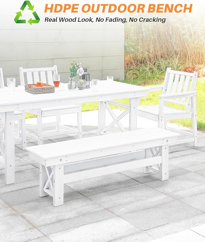 HDPE Outdoor Bench, 55" Patio Bench Outdoor Furniture, Poly Lumber Adirondack Benches, All Weather HDPE Patio Backless Benches for Park, Poolside, Garden, Porch, Pearl