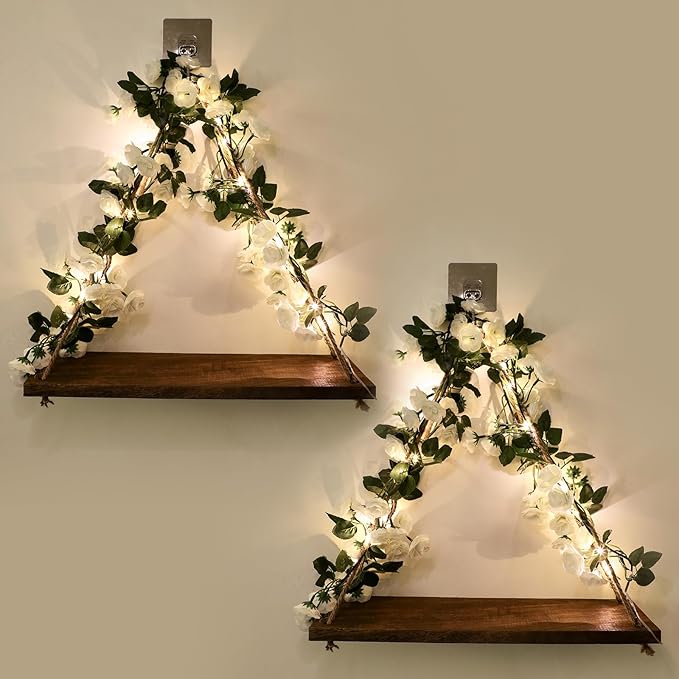 Floating Shelves for Wall,Plant Wall Decor,Hanging Shelf,Cottage Core Decor,Room Decor Aesthetic,Boho Room,Adhesive Shelves,Floating Shelves for No Drilling,Two-Piece Set(White Flower)