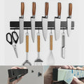YIIYIIN 12 Inch Magnetic Knife Holder for Wall No Drill,Adhesive Knife Magnetic Strip with 6 Hooks,Kitchen Double Rods Stainless Steel Magnetic Utensil Holder(Black)