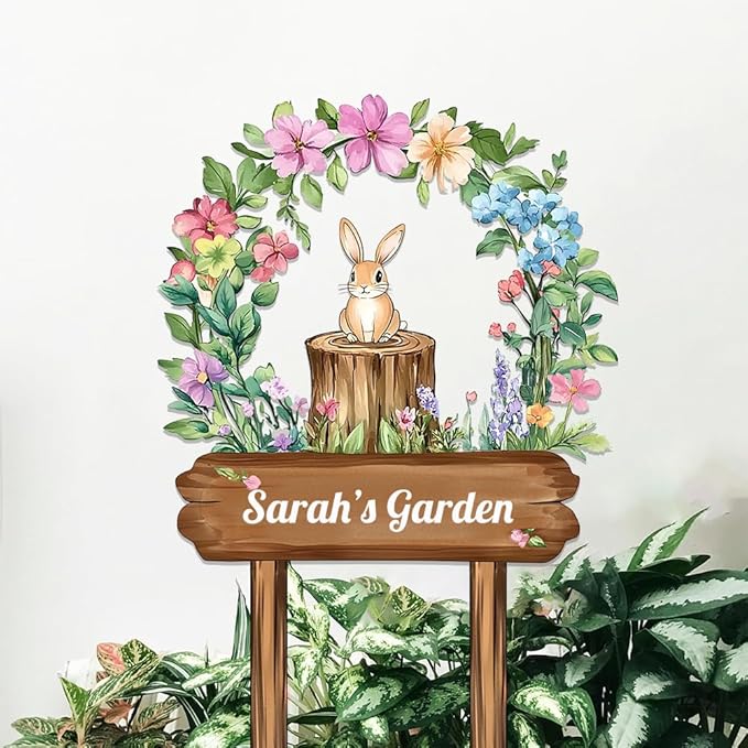 Personalized Rabbit Metal Sign with Stake,Custom Gardener Last Name Signs Outdoor Decor,Customized Flowers Gardening Birthday Gifts,Cute Animal Plaques for Patio Lawn Porch Backyard Farmhouse Outside