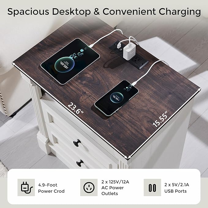 26" Tall Farmhouse Nightstand, 2 Drawers End Table w/Charging Station, 23.6" Wide Large Side Table w/Roman Column, Wood Rustic Sofa Table w/Open Shelf, Bedside Table for Bedroom, White