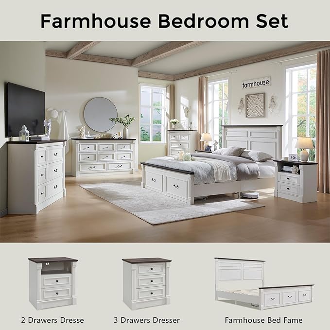 26" Tall Farmhouse Night stand Set of 2, 2 Drawers End Table w/Charging Station, 23.6" Wide Wood Side Table w/Roman Column, Large Rustic Sofa Table w/Open Shelf, Bedside Table for Bedroom, White