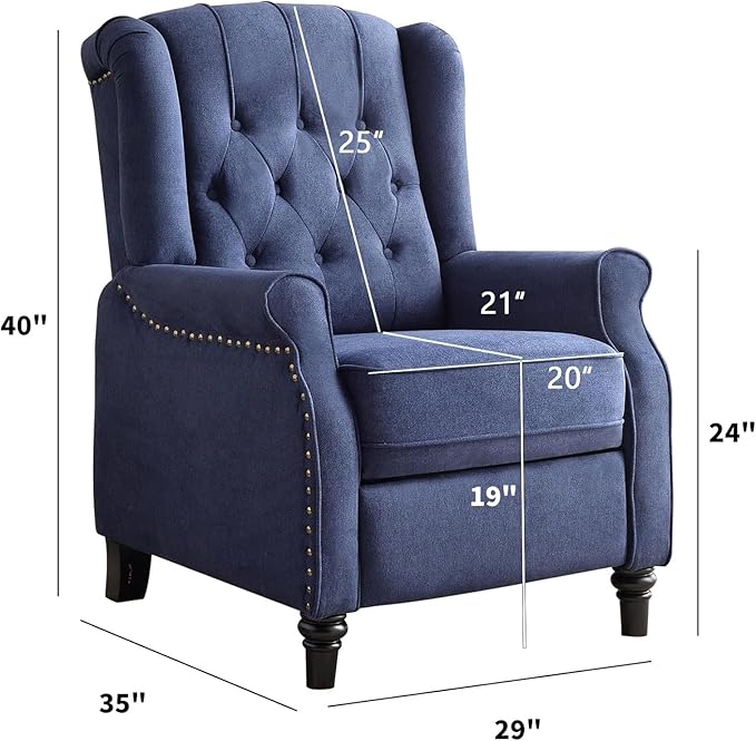 CANMOV Push Back Recliner Chair Set of 2, Modern Fabric Wingback Recliner Chair, Comfy Armchair Single Sofa Accent Chair with Padded Seat and Nailhead Trim, Tufted, Dark Blue