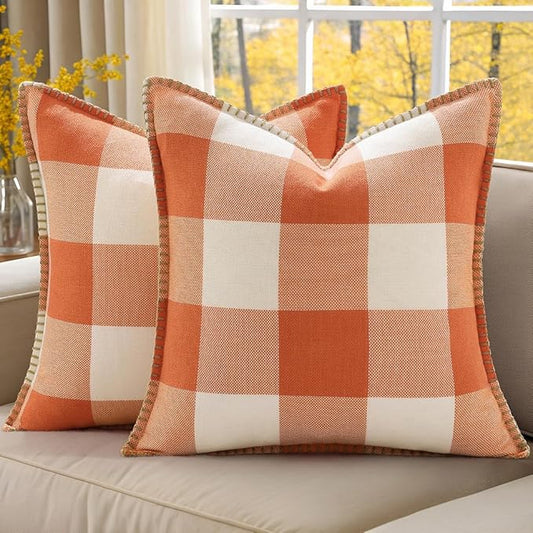 decorUhome Fall Orange and White Decorative Throw Pillow Covers 20x20 Set of 2, Buffalo Plaid Check Farmhouse Cushion Covers with Stitched Edge for Autumn Harvest Couch Sofa Bed Home Decor