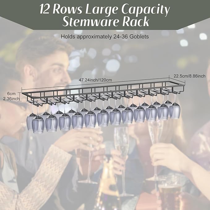 Xverycan Wine Glass Rack Under Cabinet, 12 Row Extreme Large Stemware Hanger, Metal Wine Goblet Holder, DIY Bar Glass Storage Rack for Bar Counter, Kitchen, Screws Included
