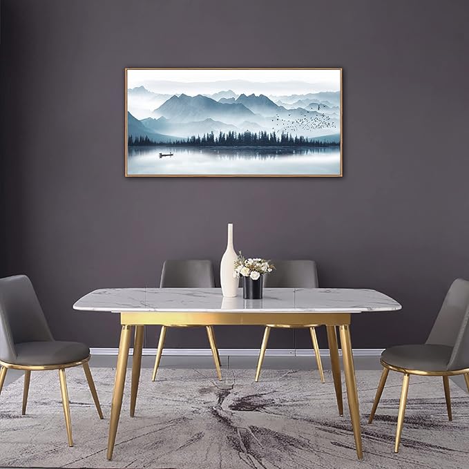 Indigo Framed Canvas Wall Art Misty Mountain Wall Pictures Foggy Lake Boat Canvas Painting Prints Forest Birds Canvas Wall Decor for Living Room Bedroom Decorations Framed 20" x 40" Natural