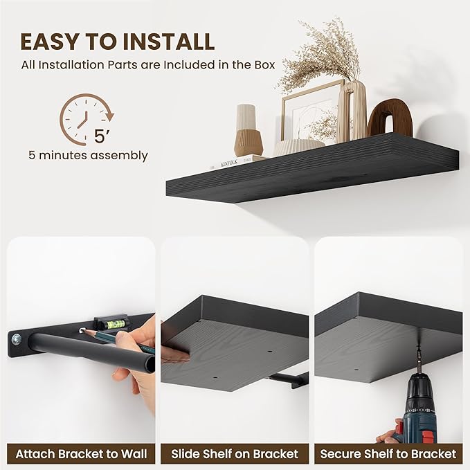 Fun Memories Floating Shelves for Wall 10 Inch, 10 Inch Deep Square Wall Shelves, Bathroom Storage Shelves Over Toilet, Wood Floating Shelves for Living Room Bedroom, Black, Set of 2
