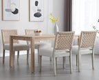 Kmax Farmhouse Dining Chairs Set of 2, Rustic Kitchen Chairs with Linen Fabric Seat and Woven Back, Vintage Accent Chairs for Dining Room, Living Room, Ivory