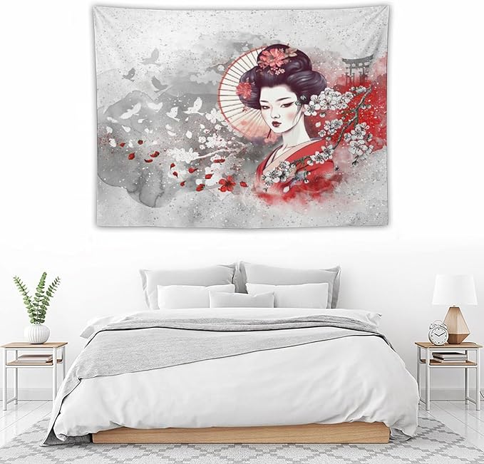 Japanese Geisha Tapestry Asian Red Cherry Blossom Traditional Kimono Folk Tapestries Home Decor for Living Room Bedroom Apartment Farmhouse Dorm 40"x30"