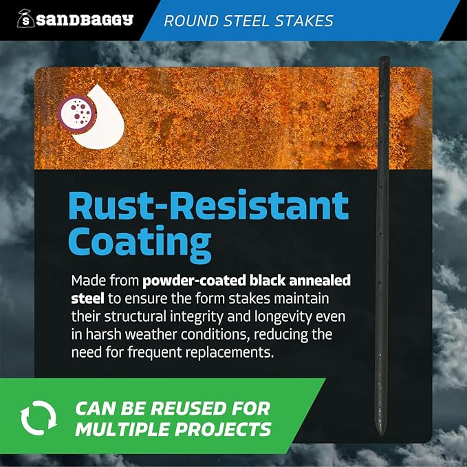 Sandbaggy Round Steel Concrete Form Stakes with Nail Holes - Rust Resistant Coating - Removable, Reusable (50, 3/4 in X 24 in)