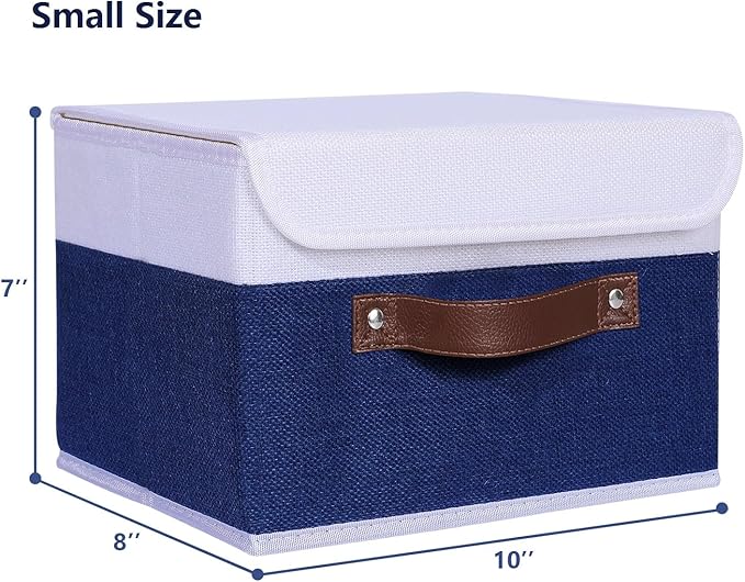 ANMINY 4PCS Storage Boxes with Lid Washable Decorative Storage Bin Basket with PU Leather Handle Foldable Linen Fabric Storage Cube Container for Home Closet Organizer - Deep Blue White, Small Size