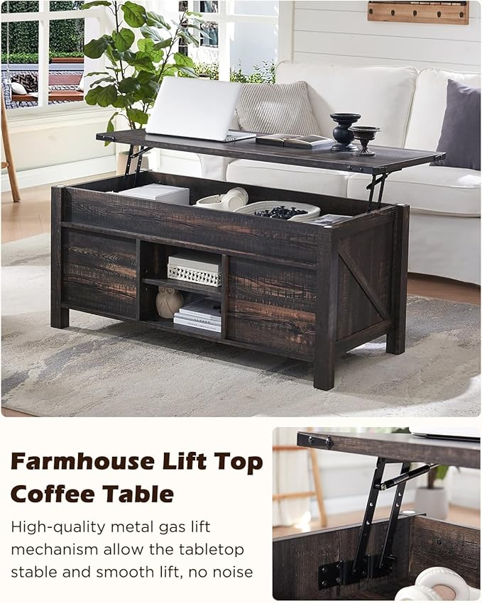 OKD 48" Farmhouse Lift Top Coffee Table with Sliding Barn Door,Rustic Center Table with Hidden Storage Compartment,Lifting Tabletop and Adjustable Shelf for Living Room,Office,Dark Rustic Oak