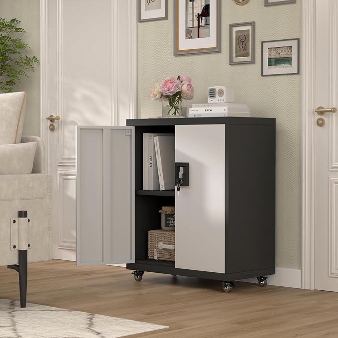 Locking Storage Cabinet,Steel Garage Cabinet with Wheels,Utility Tool Cabinet1 for Garage,Home Office and Warehouse