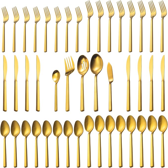 Alata Cube Gold 45-Piece Flatware Set, Forged Cutlery Set, Matte Gold Silverware Service for 8, Stainless Steel Tableware with Square Handle for Home/Restaurant, Dishwasher Safe