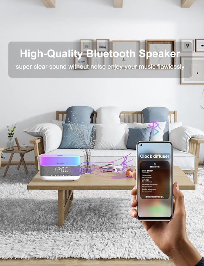 Versatile Essential Oil Diffuser, 300ml Aroma Diffuser with Bluetooth Speaker and Alarm Clock, 7 Colors LED Light Aromatherapy Diffusers & Cool Mist Humidifier 3-Level Brightness, Auto-Off Protection