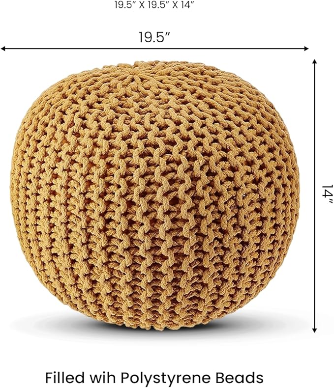 REDEARTH · Round Pouf Ottoman - Hand Knitted Cable Boho Poof Home Décor Pouffe Circular Footrest for Living Room - Bedroom - Lounge - Nursery - 100% Cotton Poufs (19.5"x19.5"x14") - Mustard