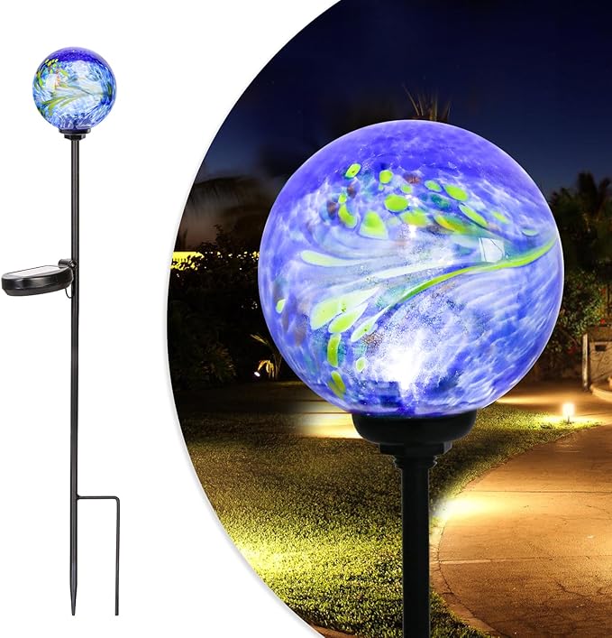 Solar Lights Outdoor Decorative Solar Outdoor Decorative Glass Ball Stakes Waterproof Garden Stake Glass LED Garden Globe Lights for Pathway Yard Lawn Decoration Blue
