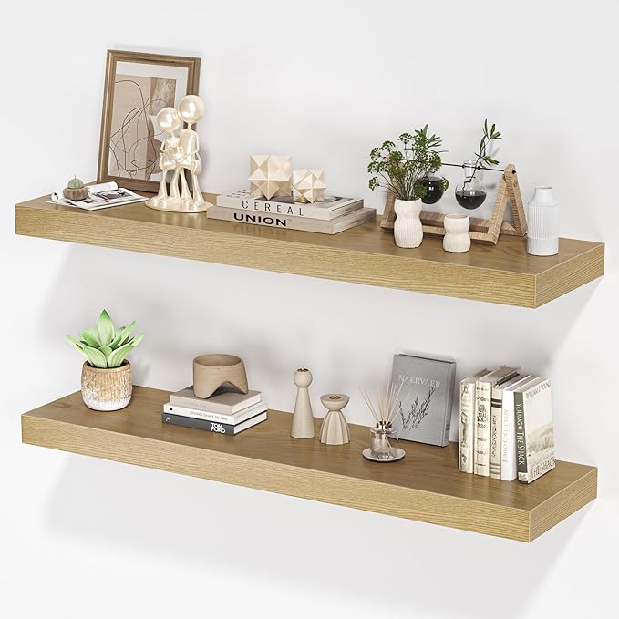 Floating Shelves for Wall, 36" W x 8" D x 1.5" H, Wooden Wall Mounted Display Shelves with Invisible Brackets for Living Room, Bedroom, Bathroom, Kitchen Decor and Storage, Set of 2, Oak