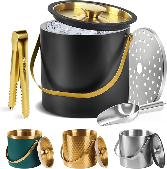 Ice Bucket, Ice Bucket with Silicone Sealing Ring Double-Wall Vacuum Insulation Champagne Buckets with Filter Layer Ice Tongs Ice Scoop (Black, 3 L)
