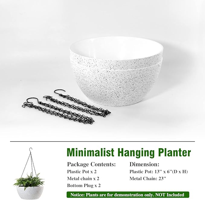 WOUSIWER 13 inch 2Pack Large Hanging Planters for Outdoor Indoor Plants with Drainage Holes and Chain, Round Hanging Flower Pots for Garden Home Porch Decor, White Speckles