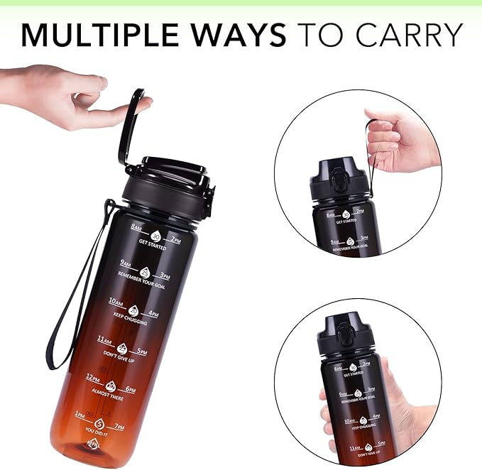 32oz Motivational Water Bottles with Time Marker & Fruit Strainer, Transparent Gradient Color Water Bottle with Times to Drink, Leakproof & BPA Free, Reusable Bottle with Strap (No Straw)