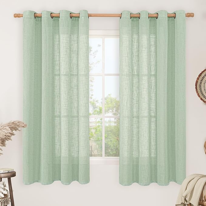 LAMIT Sheer Linen Curtains 63 Inch for Bedroom, Light Filtering Neutral Semi Sheer Farmhouse Boho Curtains Bronze Grommet Living Room Panels, Fresh Green, 2 Panels, 52 x 63 Inch