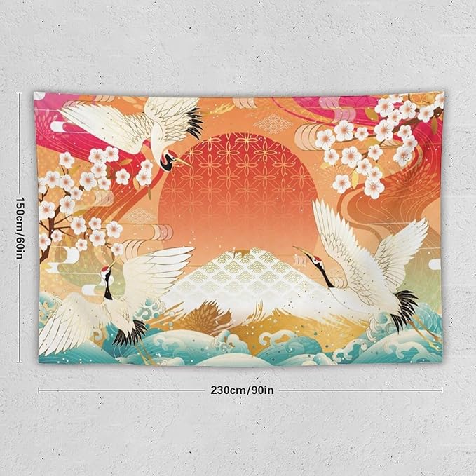 HZOHNAGO Japanese Tapestry Cherry Blossom Crane Sea Wave Fuji Mountain Red Sun Pattern Printed Wall Tapestry Painting Wall Hanging for Bedroom Living Room Dorm 90" W x 60" H