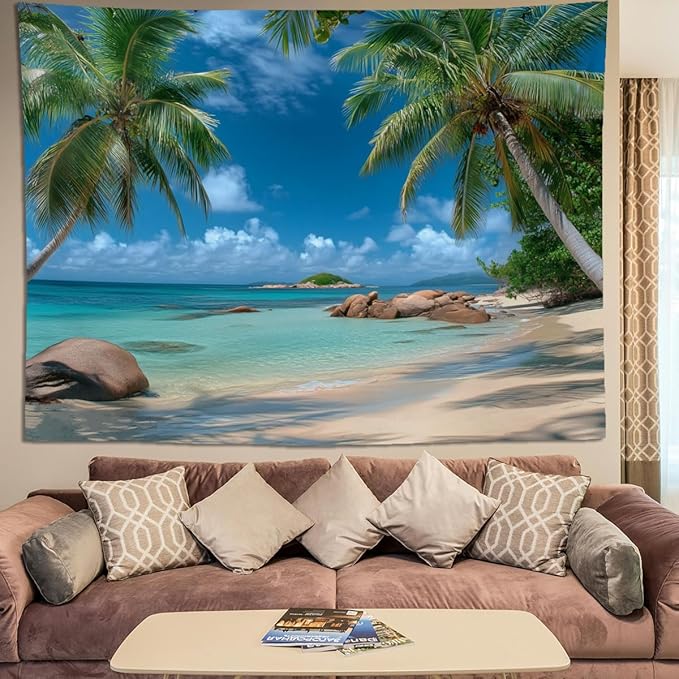 keowhsf Beach Summer Ocean Tapestry – Tropical Palm Trees Wall Hanging Decor with Blue Sky and Seaside Scenery, Nature Landscape Tapestry for Bedroom Living Room Dorm