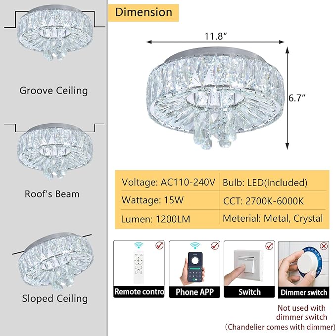 Mini Chandelier Modern Crystal Chandeliers for Hallway Light Fixture LED Flush Mount Ceiling Light Dimmable Lamp for Dining Room Living Room Bedroom