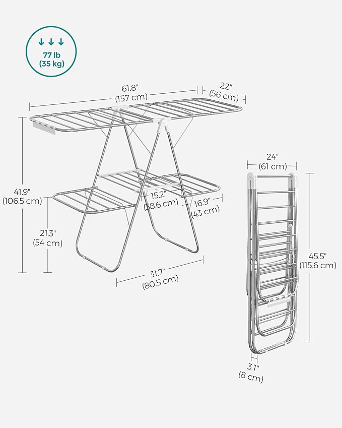 SONGMICS Clothes Drying Rack, Foldable 2-Level Laundry Drying Rack, Free-Standing Laundry Airer, with Height-Adjustable Wings, 33 Drying Rails, Sock Clips, Silver and White ULLR053W01V1