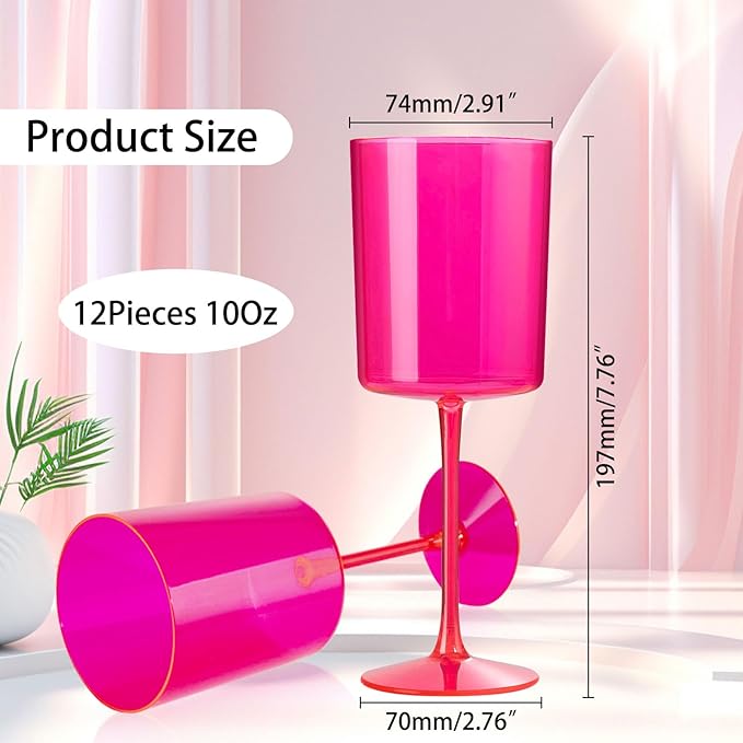Ciaell 12 Pack Plastic Wine Glasses - 10Oz Hot Pink Plastic Wine Glasses With Stem - Disposable Stemmed Cups for Parties & Weddings