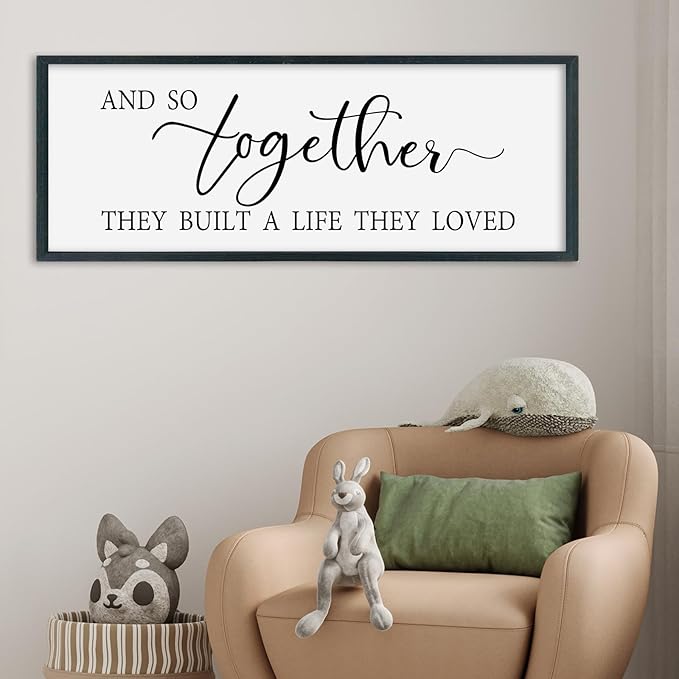 SRSZHIYUE And So Together They Built A Life They Loved Above Bed Sign Wall Decor Art 40"×15" for Master Bedroom Over Bed Large Wood Framed Wall Hanging (Black)