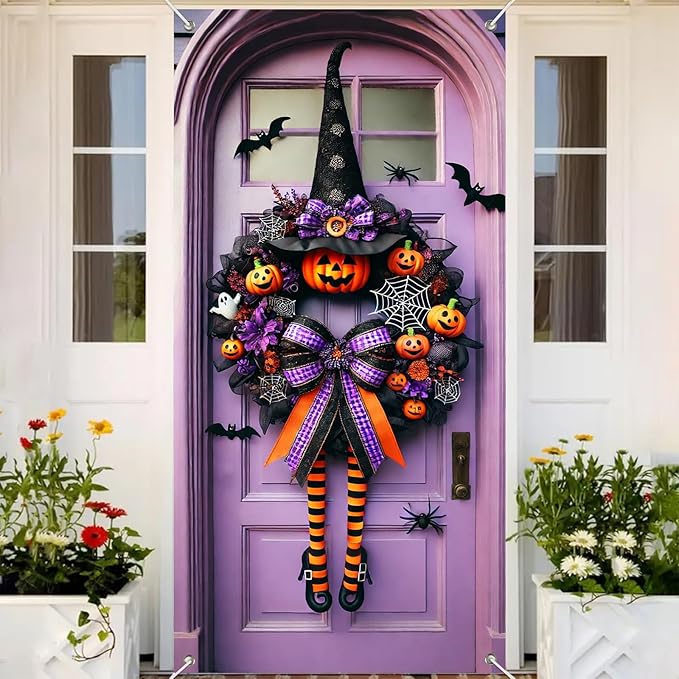 Halloween Witch Wreath Door Cover 71x35 Inch Holiday Front Porch Door Banners Decoration Purple Pumpkin Spider Web Bat Background Hanging Banner for Indoor Outdoor Spooky Party Decor