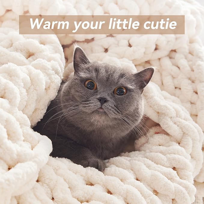 Chunky Knit Throw Blanket, 80''*90'' Knitted Throw Chenille Yarn for Bed Couch, Handmade Cream Crochet Big Thick Blanket, Machine Washable Cute Comfy Blanket for Home Decor