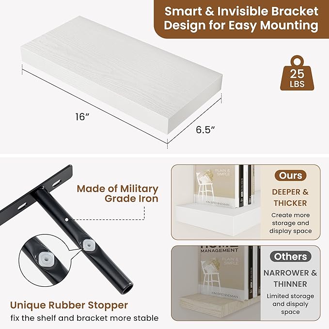fuqing Floating Shelves for Wall, Bathroom Shelf Wall Mounted for Storage, Shelves with Invisible Bracket for Bedroom, Kitchen, Living Room, Farmhouse Small Book Shelf, 16 Inch Set of 2, White