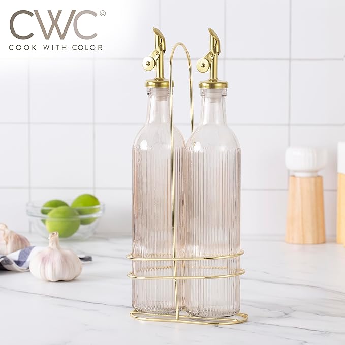 COOK WITH COLOR Glass Olive Oil Bottle Dispenser - 2 Pack- 17oz Oil and Vinegar Cruet - Olive Oil Carafe Decanter for Kitchen