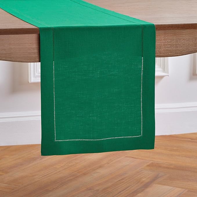 Solino Home Linen Emerald Green Hemstitch Table Runner 48 Inches - 100% Pure Linen Small Table Runner 14 x 48 Inch Ideal for Dresser and Coffee Tables - Classic Hemstitch
