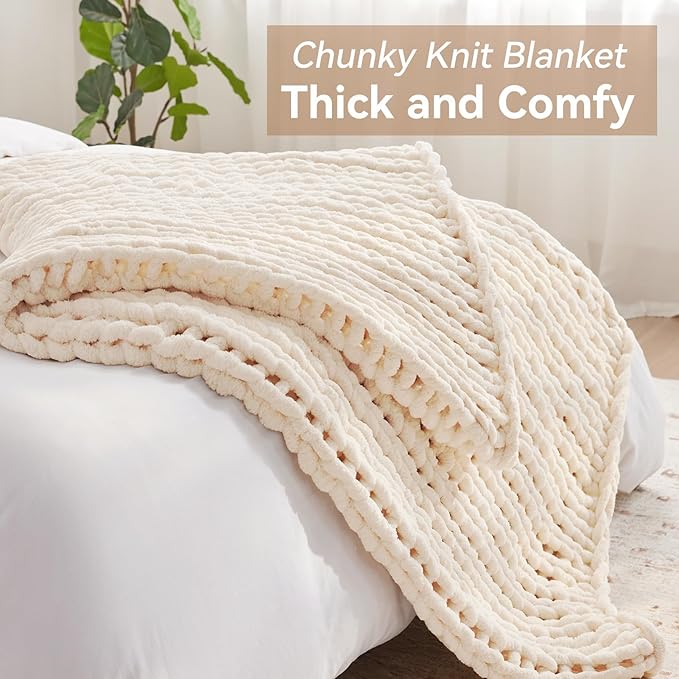Chunky Knit Throw Blanket, 50''*60'' Knitted Throw Chenille Yarn for Bed Couch, Handmade Cream Crochet Big Thick Blanket, Machine Washable Cute Comfy Blanket for Home Decor