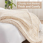 Chunky Knit Throw Blanket, 30''*40'' Knitted Throw Chenille Yarn for Bed Couch, Handmade Cream Crochet Big Thick Blanket, Machine Washable Cute Comfy Blanket for Home Decor