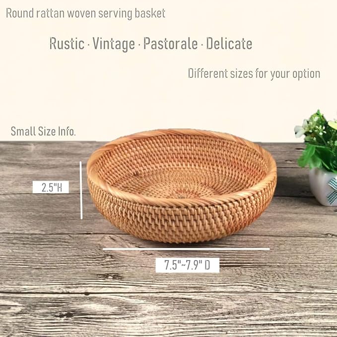 Set of 2 Round Rattan Bowl Baskets, 8 9 Inch Handmade Wicker Basket Tray with 3”Deep Wall, Decorative Woven Brown Bread Basket Fruit Bowl Table Key Holder, 2-Size