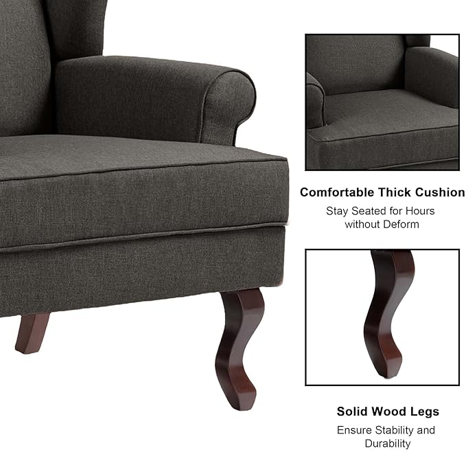 Accent Chair, High Back Upholstered Armchair with High Resilience Sponge & Wood Legs, Mid-Century Modern Comfy Single Sofa Reading Chairs for Living Room, Bedroom (Dark Grey, Set of 2)