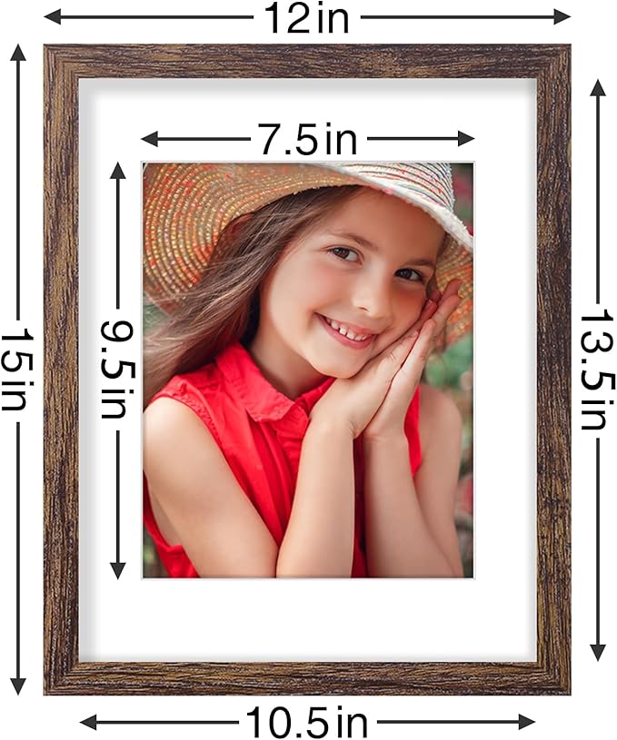 Vittanly 11x14 Picture Frames Set of 9, Shatter Resistant Plexiglass, Display 8x10 Pictures with Mat or 11x14 without Mat, Photo Frames for Wall or Tabletop, Engineered Wood, Brown