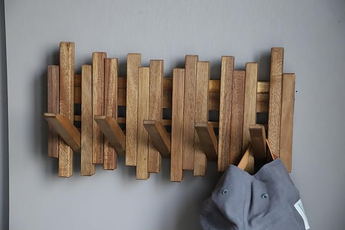 Natural Wood Wall Mounted Piano Coat Rack| Coat Rack Wall Mount| Flip Down Wall Hook Rack 5 Hooks| Entryway Wall Art Hook,Made of Acacia Wood (Wood Wax Oil staining Light Brown).
