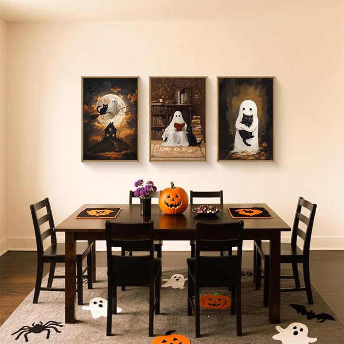 HPNIUB Halloween Ghost Framed Canvas Wall Art Set, Funny Black Cat Poster Artwork, Vintage Spooky Wall Decor, Dark Academia Moon Pictures for Bedroom Living Room Bathroom-16 x24 x3