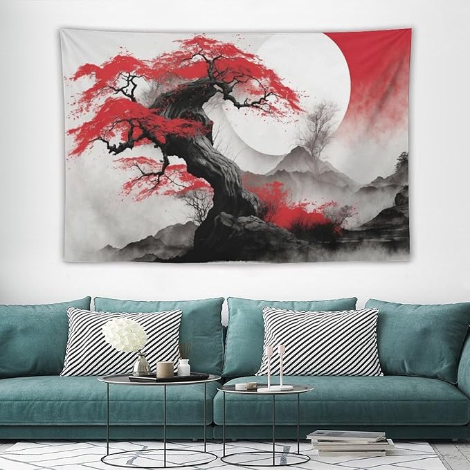 Cherry Blossoms Tapestry,Japanese Red Landscape Asian Watercolor Abstract Art Tapestry,Japanese Wall Tapestry, Nature Landscape Tapestries for Bedroom Living Room Decor 60"x40"