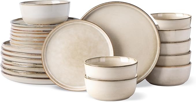 GBHOME Ceramic Dinnerware Sets for 8, 24 Pieces Stoneware Plates and Bowls Sets, Scratch Resistant Dishes, Dishwasher & Microwave Safe, Reactive Glaze-Cappuccino