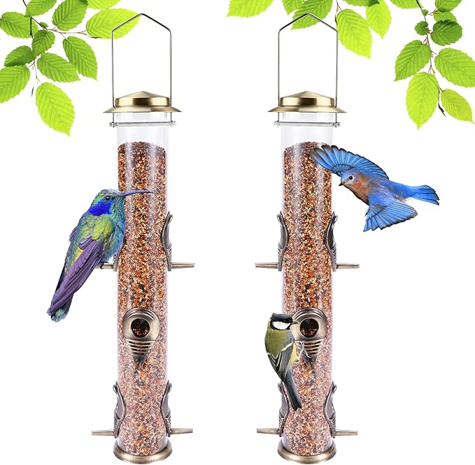 MIXXIDEA 2PK Metal Wild Bird Feeder Squirrel Proof Bird Feeders for Outside Hanging 6 Port Tube Bird Feeder Transparent Finch Feeder with Steel Hanger (Bronze)